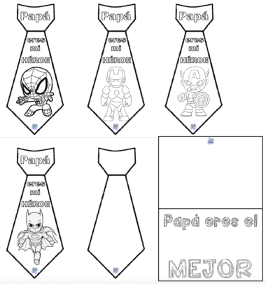 Seis plantillas para colorear imprimibles del Día del Padre: cuatro corbatas con superhéroes y texto en español ("Papá eres mi héroe"), una corbata sencilla y una tarjeta que dice "Papá eres el MEJOR" con espacio para dibujar o escribir.